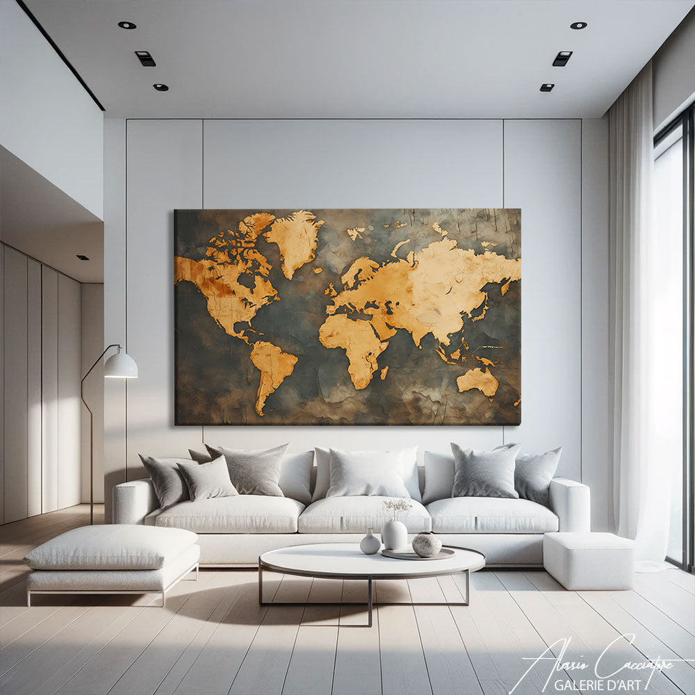 tableau carte du monde doré