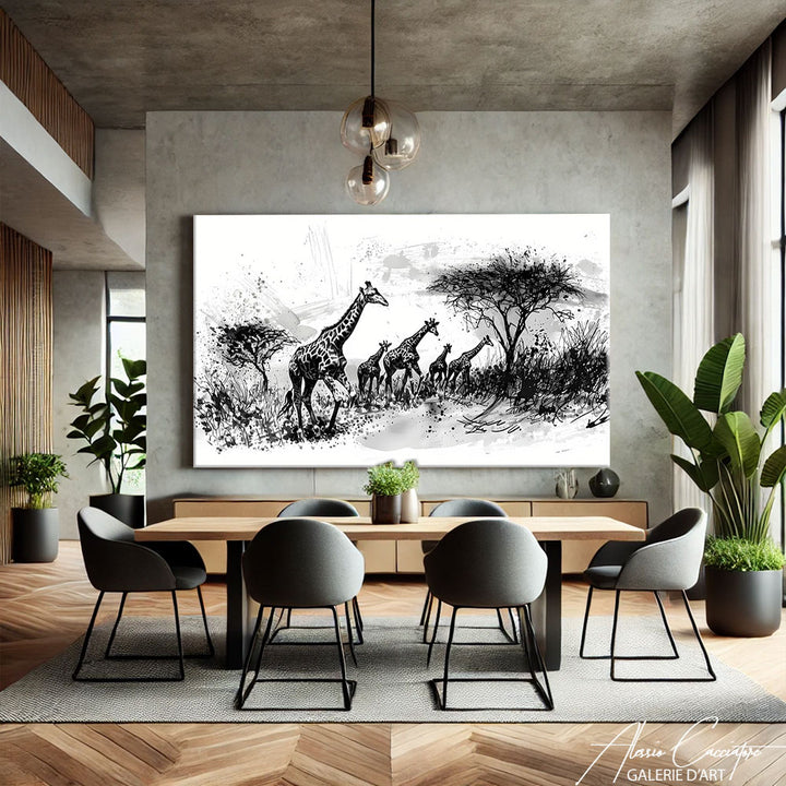 tableau noir et blanc girafe