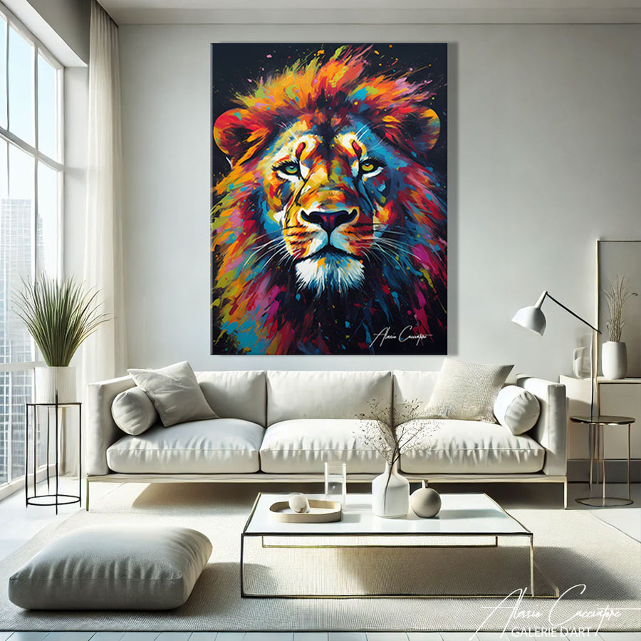 TABLEAU TÊTE LION POP ART
 – mise en situation