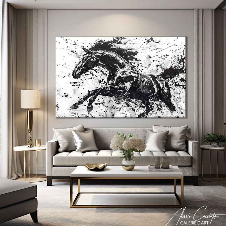 peinture cheval noir et blanc – mise en situation