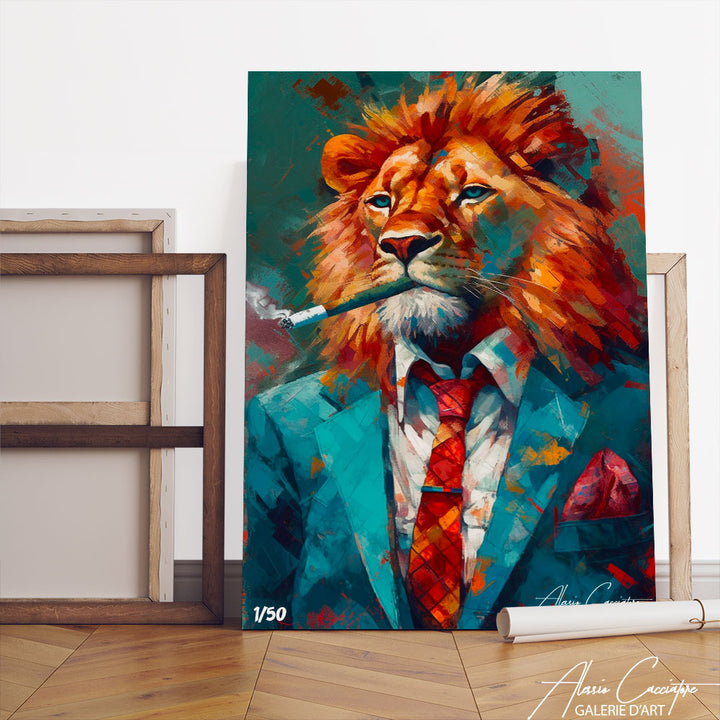 tableau lion avec cigare