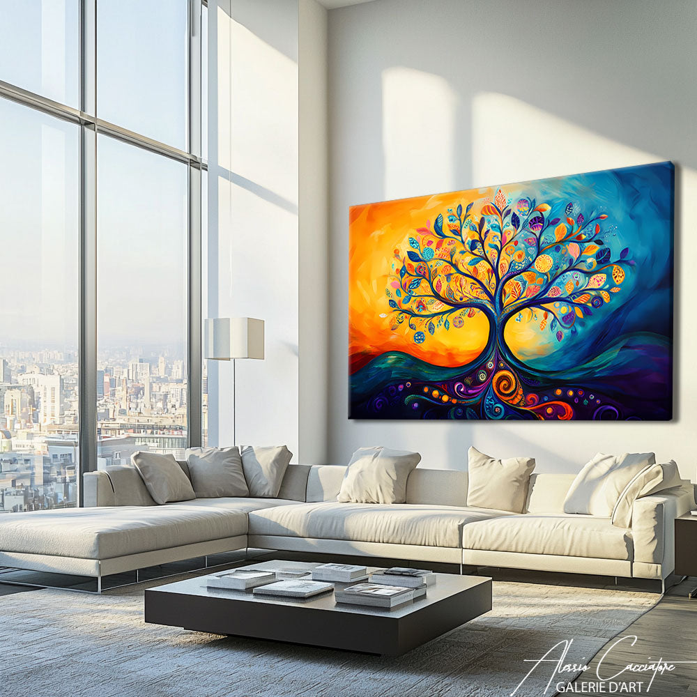 tableau peinture arbre multicolore
