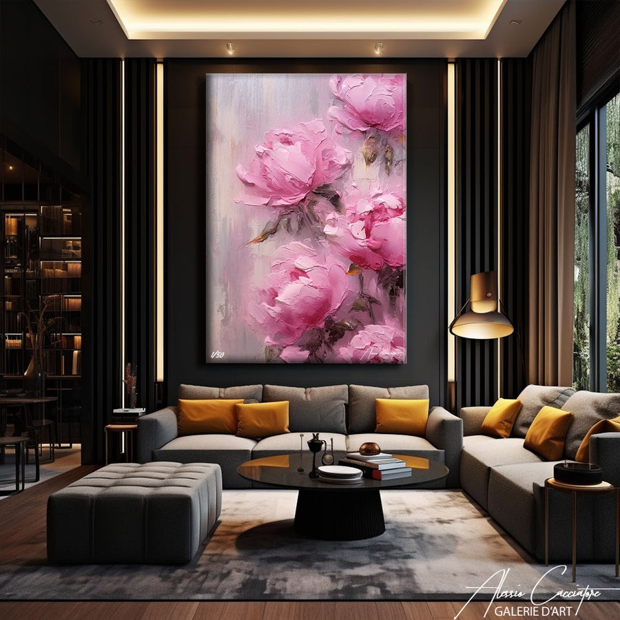 peinture pivoines roses – mise en situation