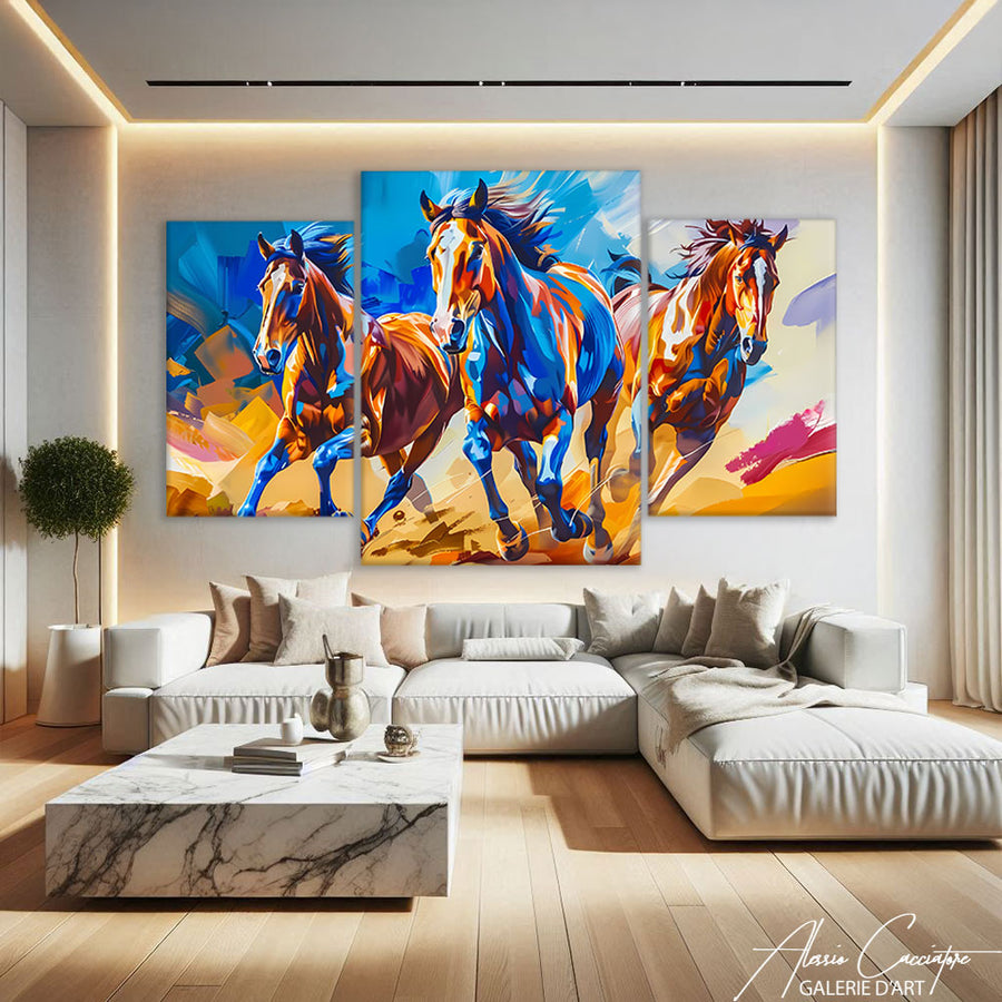 TABLEAU TRIPTYQUE CHEVAUX AU GALOP – mise en situation