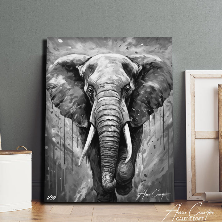 peinture éléphant noir et blanc