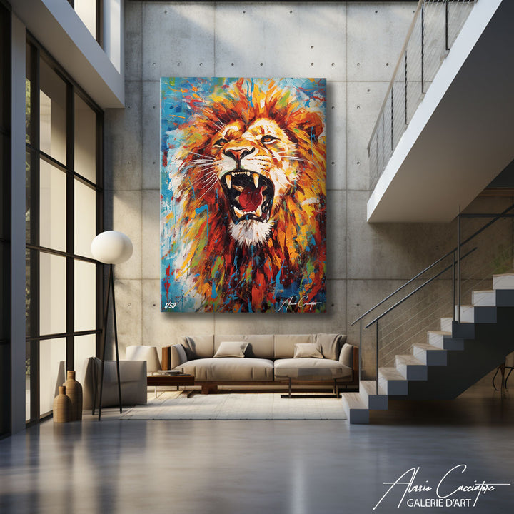 tableau lion multicolore