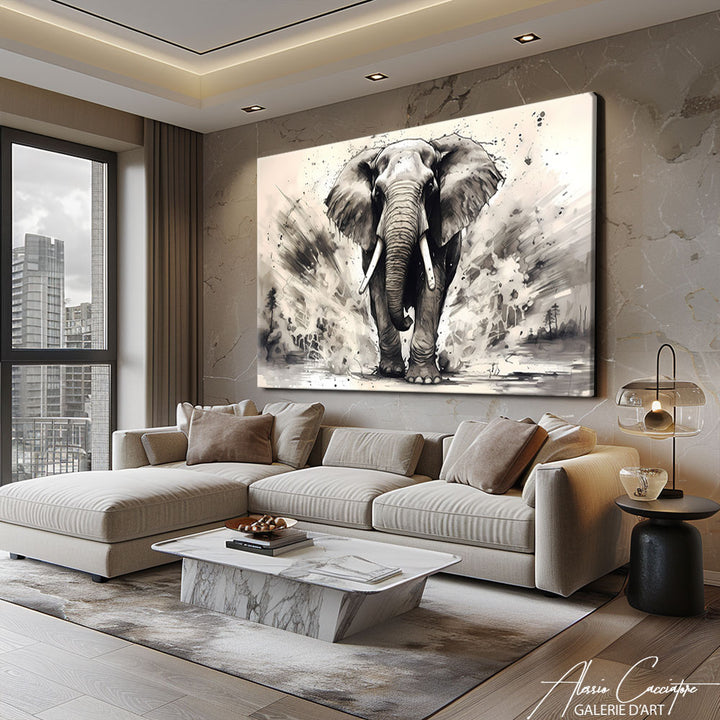 peinture éléphant noir et blanc