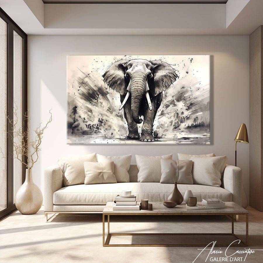Tableau Noir et Blanc Éléphant – mise en situation