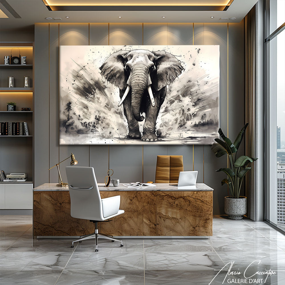 tableau éléphant noir et blanc