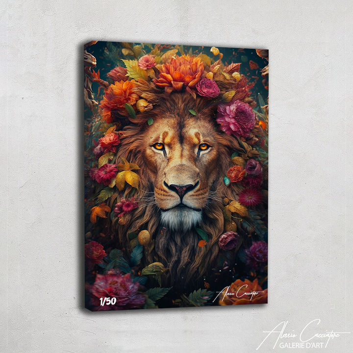 tableau lion fleurs