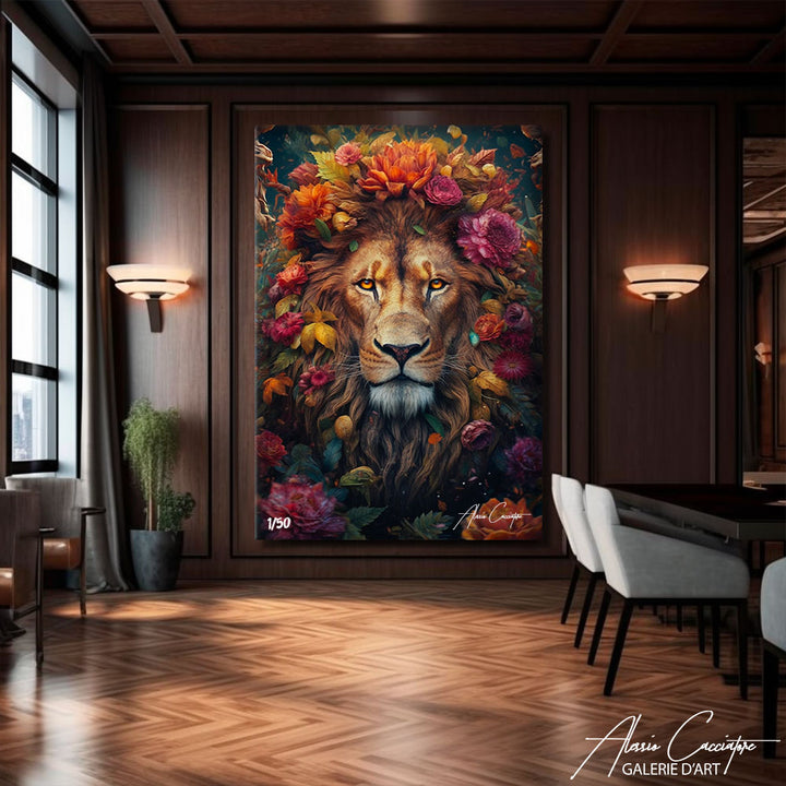 tableau lion fleur