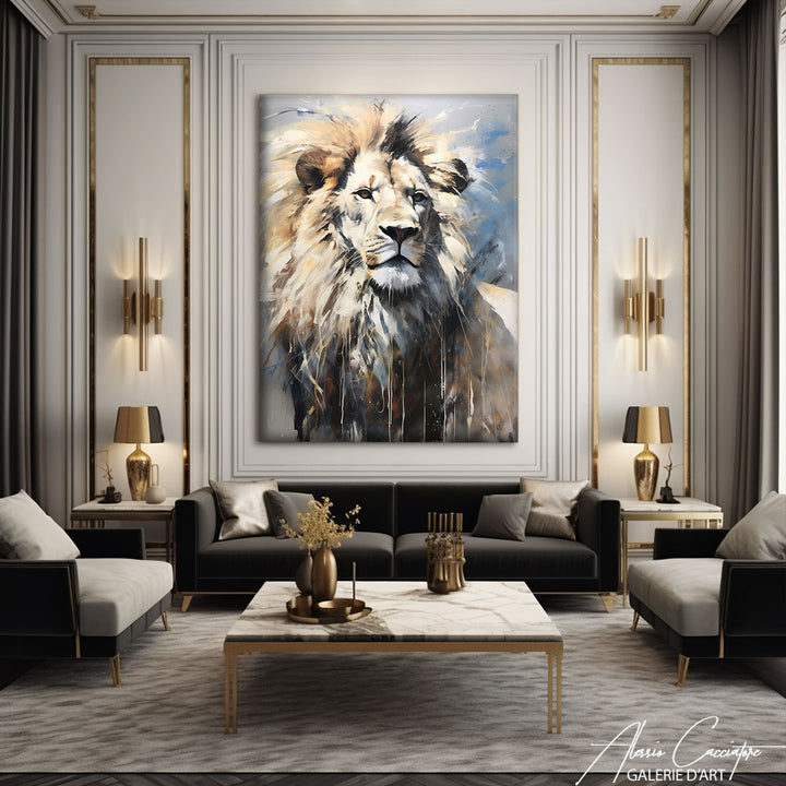 tableau peinture lion blanc
