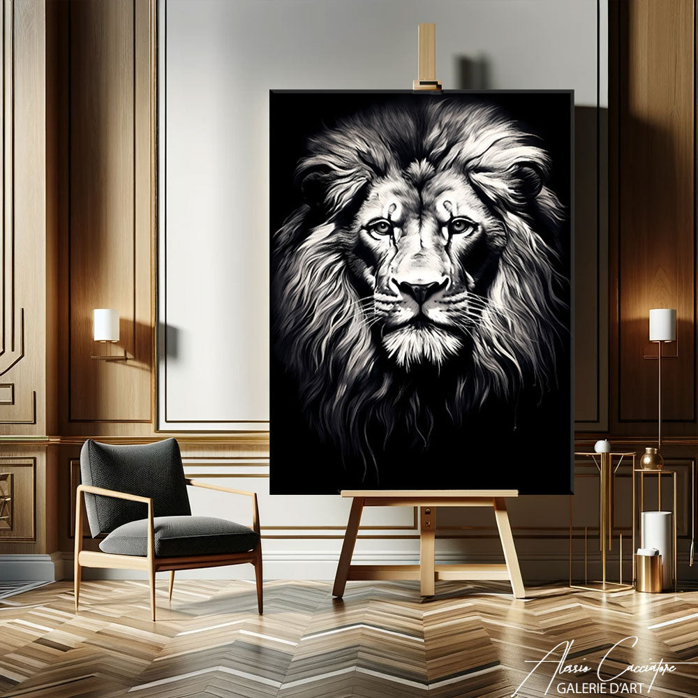 tableau lion noir et blanc