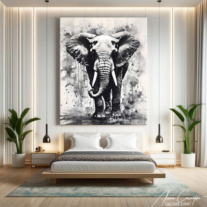 tableau noir et blanc elephant