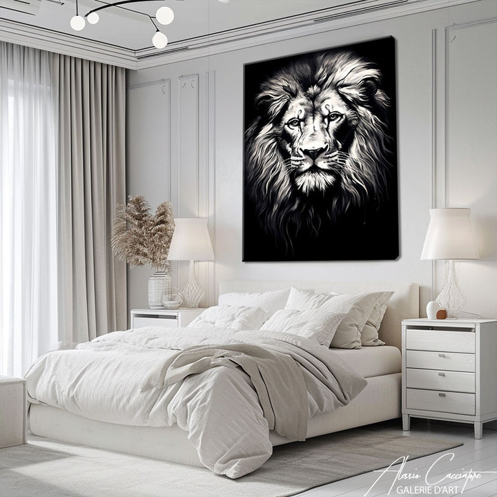 peinture lion noir et blanc