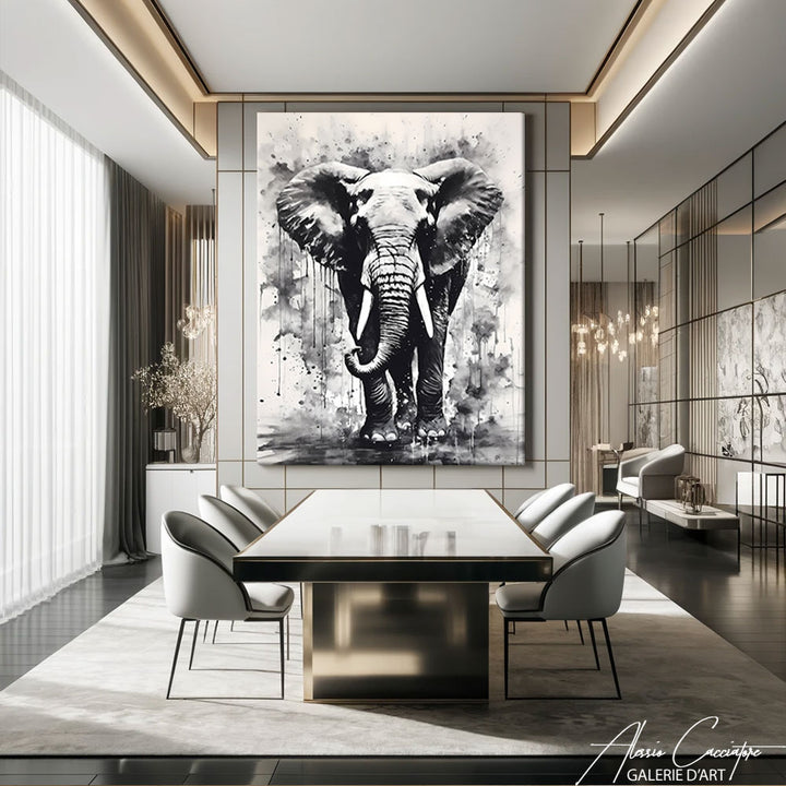 peinture elephant noir et blanc