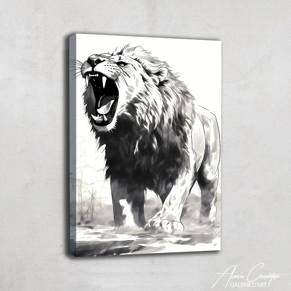 grand tableau lion noir et blanc