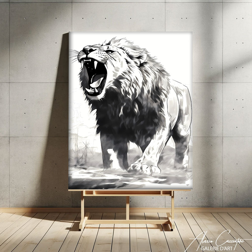 peinture lion noir et blanc