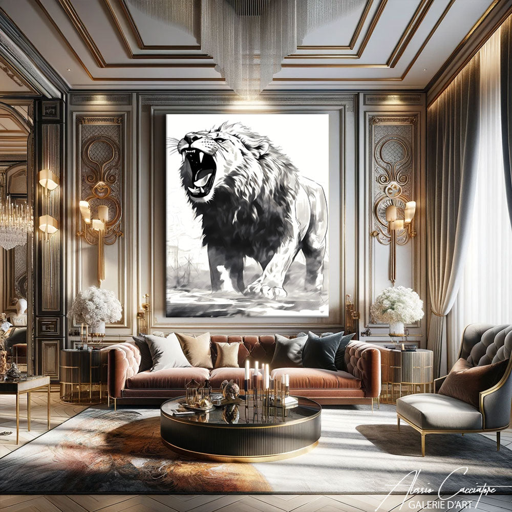 tableau lion noir et blanc