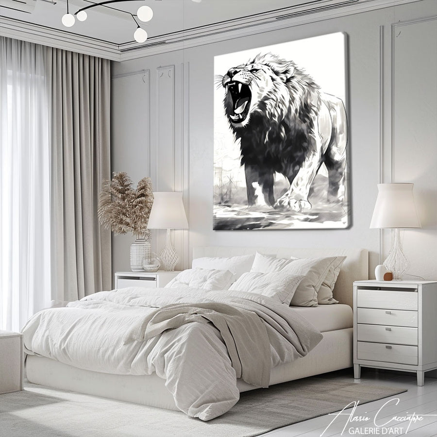 grand tableau lion noir et blanc – mise en situation