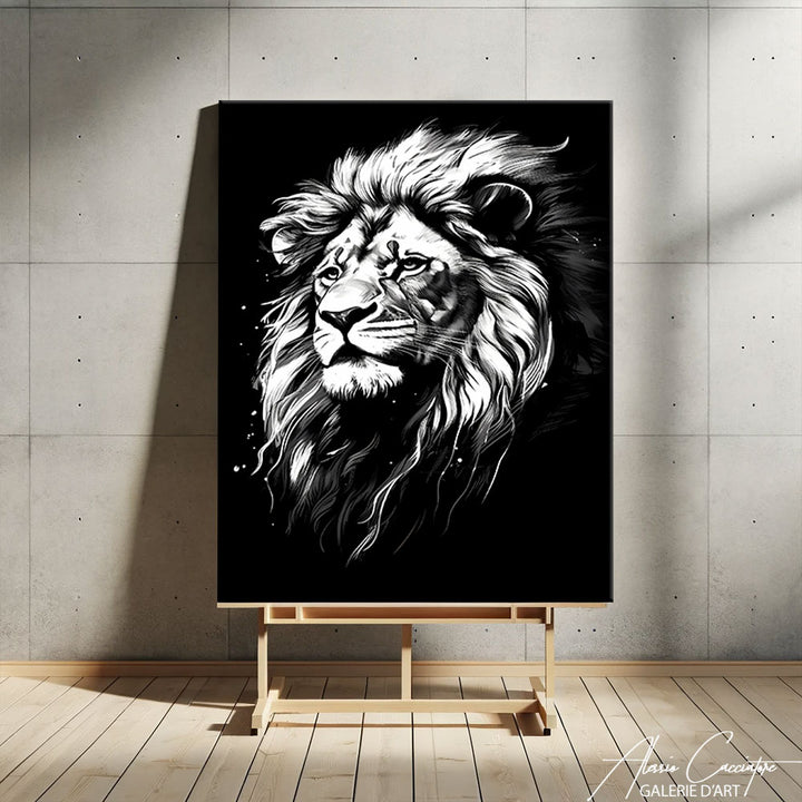 tableau noir et blanc lion