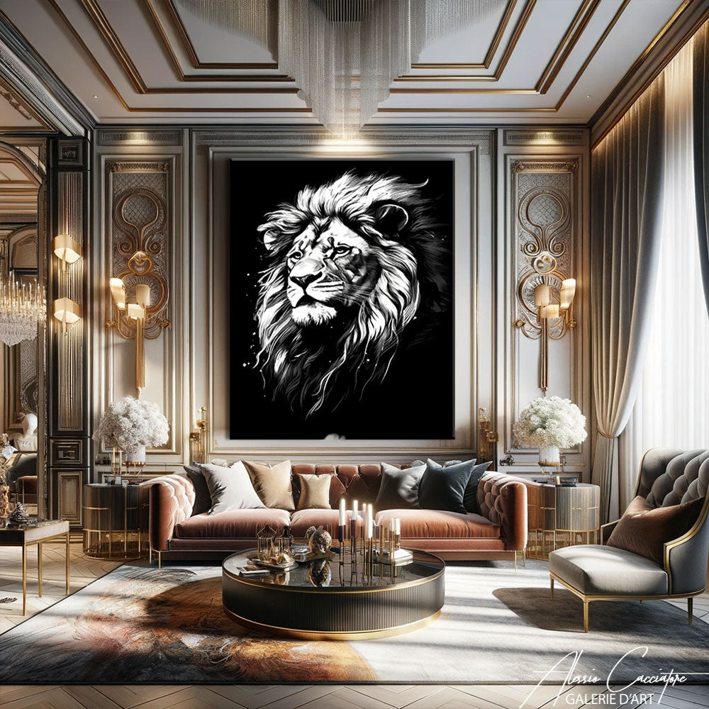 grand tableau lion noir et blanc