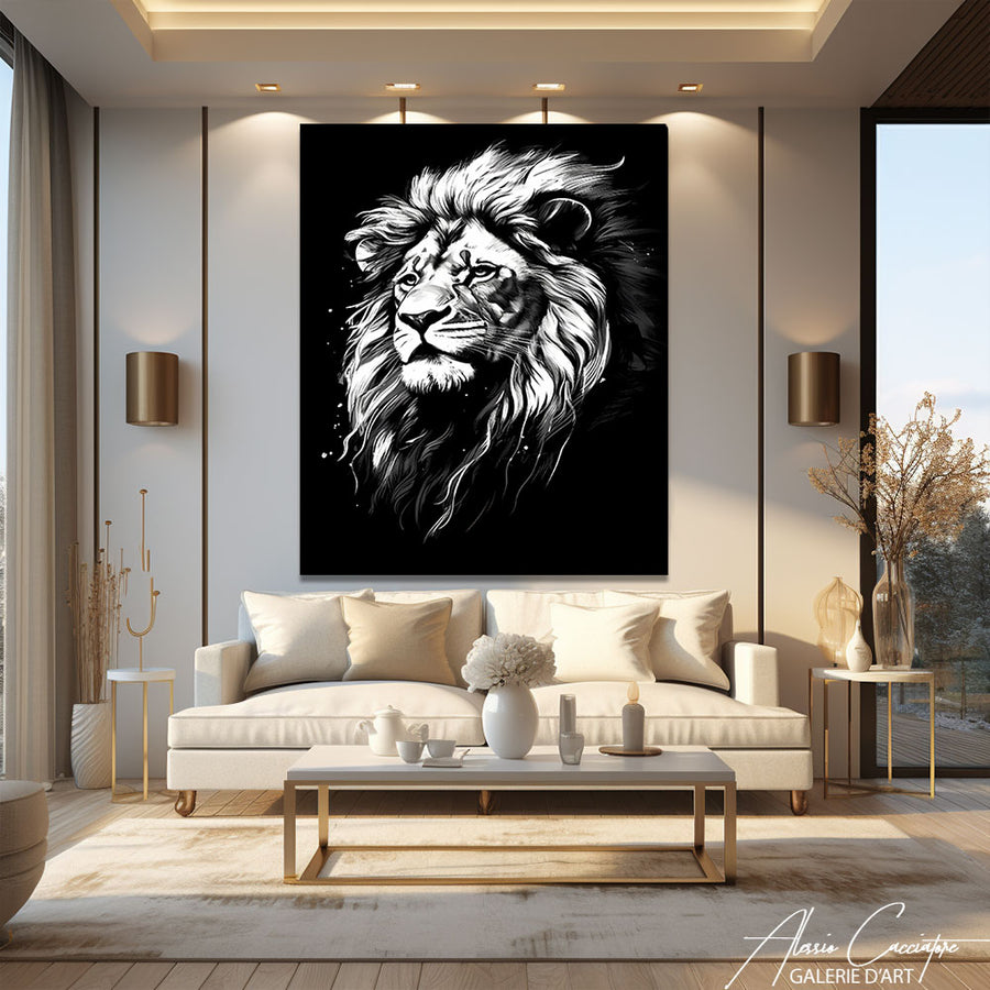 tableau lion noir et blanc – mise en situation