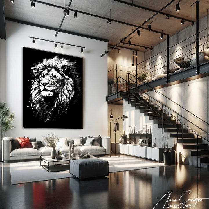 peinture lion noir et blanc