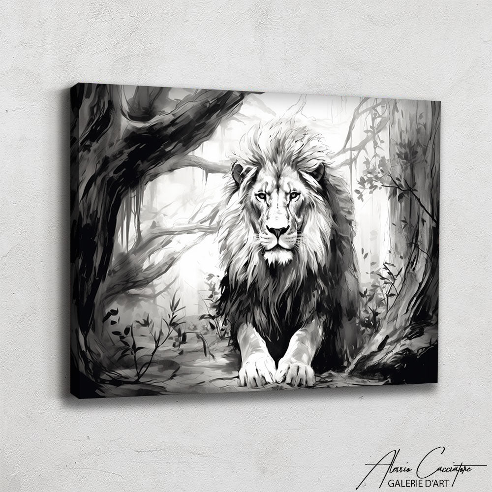 peinture lion noir et blanc