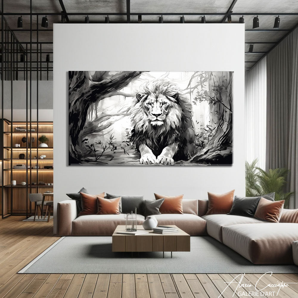 tableau lion noir et blanc