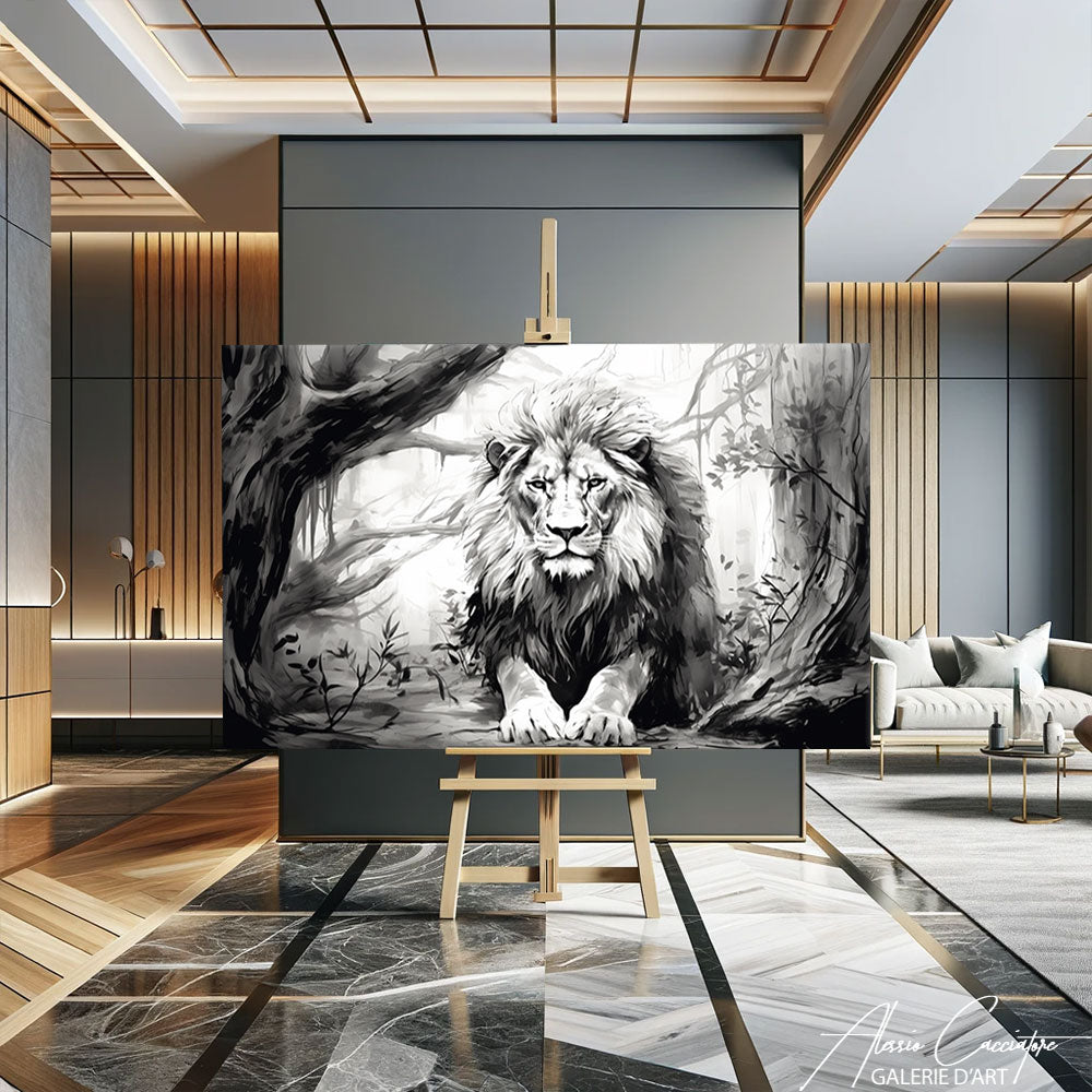 tableau toile lion noir et blanc