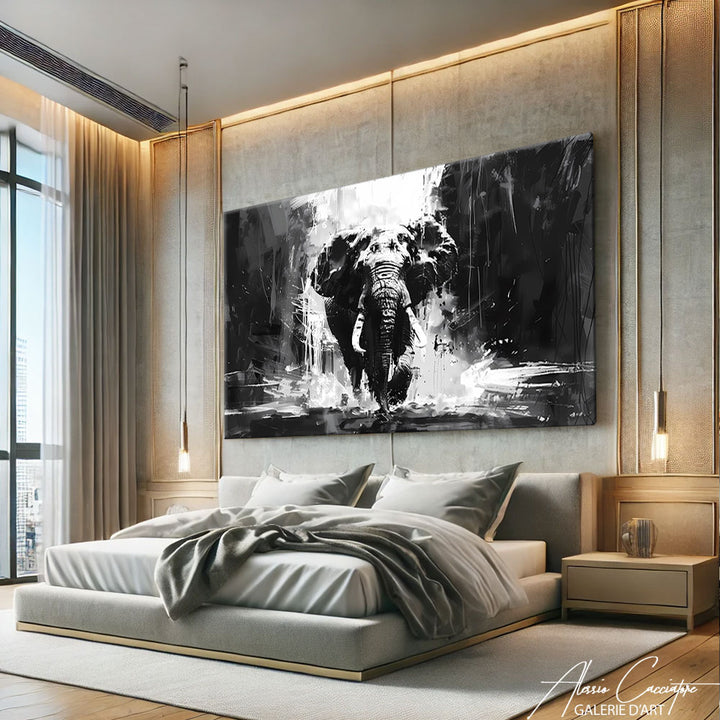 peinture éléphant noir et blanc