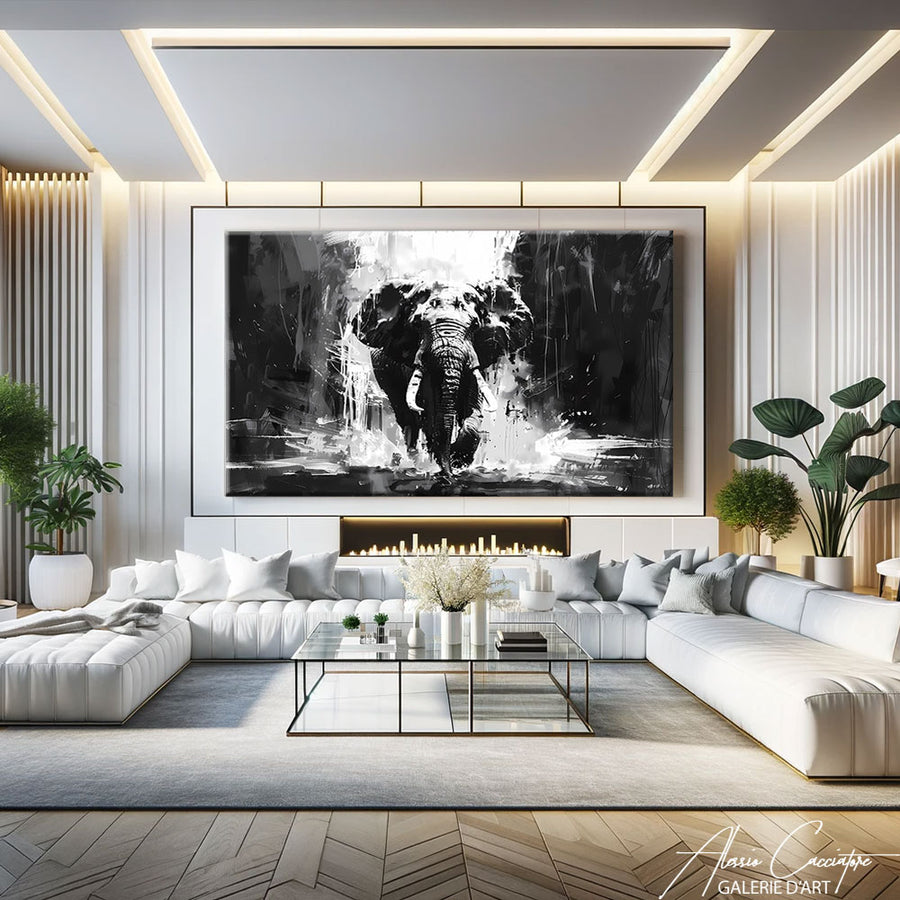 Toile Éléphant Noir et Blanc – mise en situation