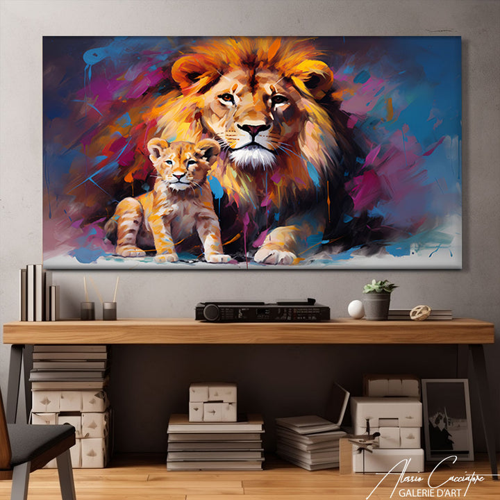 tableau lion famille