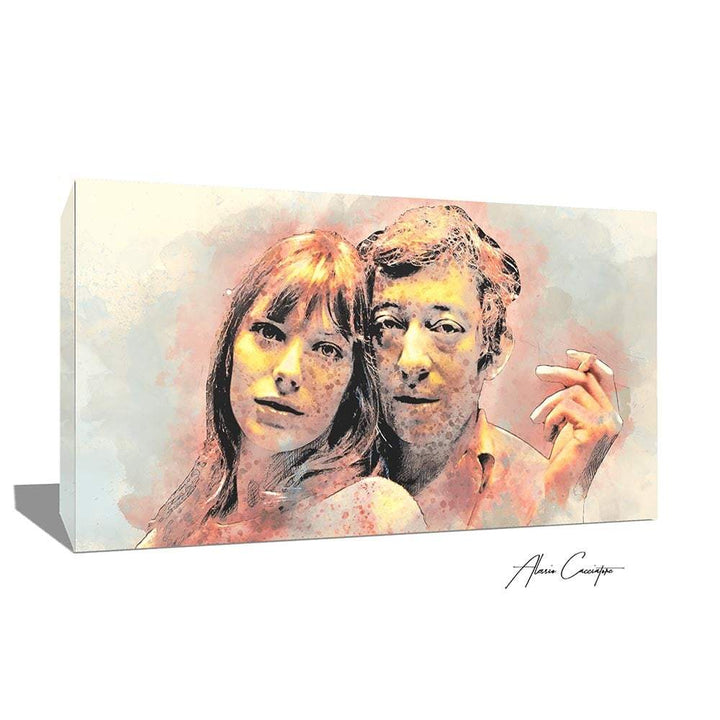 tableau serge gainsbourg et jane birkin pop art en peinture de couleur claire en toile ou en plexiglas acrylique par l'artiste Alessio Cacciatore