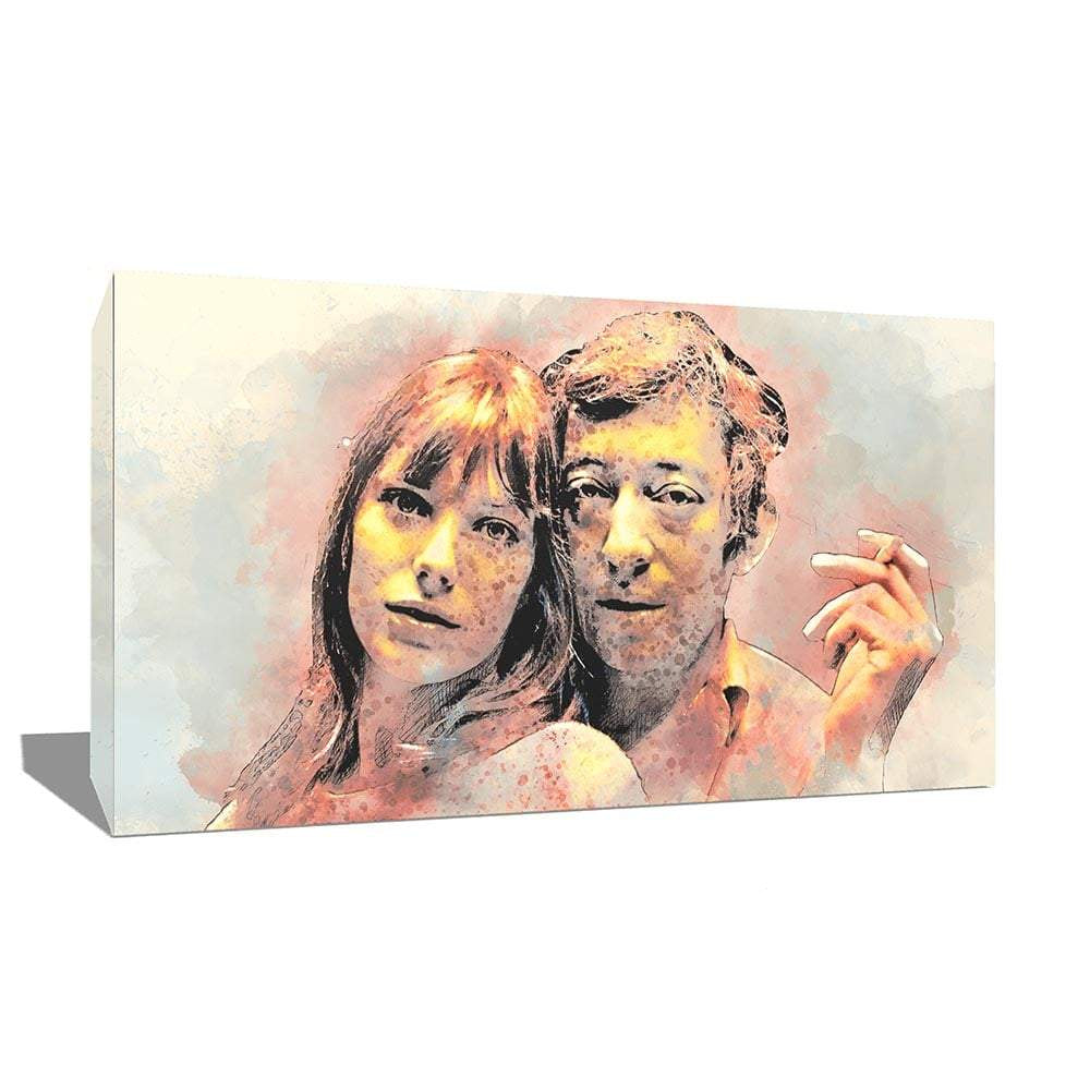 tableau serge gainsbourg et jane birkin pop art en peinture de couleur claire en toile ou en plexiglas acrylique par l'artiste Alessio Cacciatore