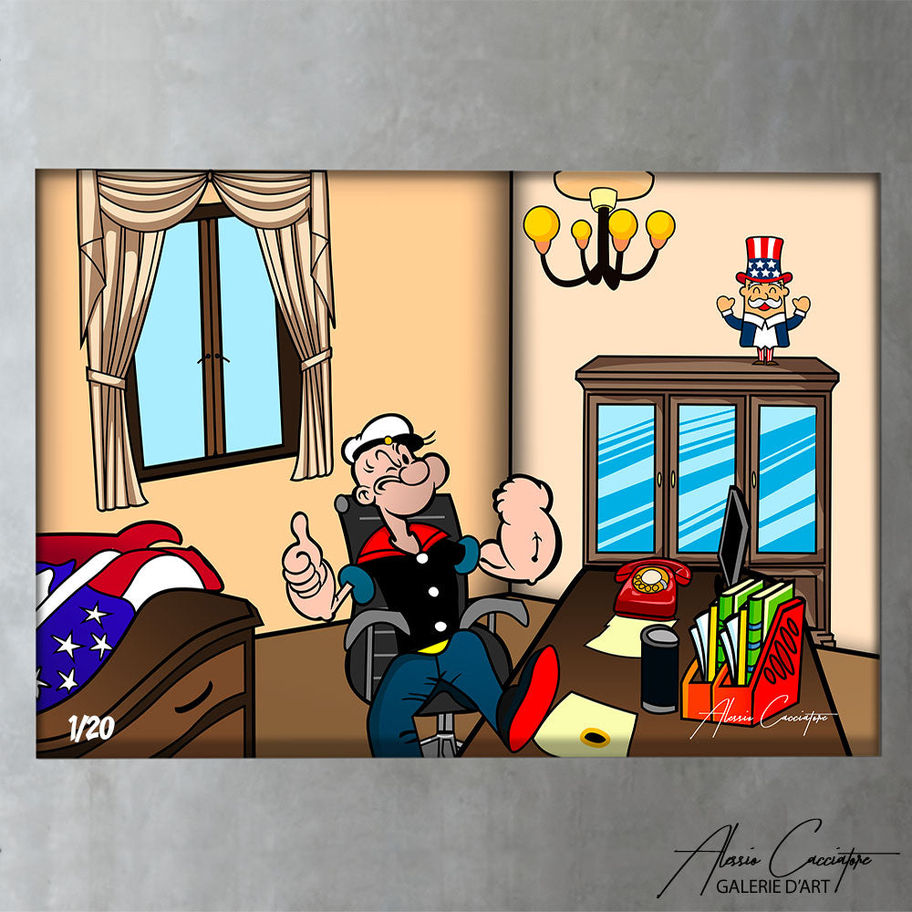 tableau popeye pop art de l'artiste Alessio Cacciatore | Tableau Capitole Popeye avec popeye musclé qui fait un sourire | Toile ou plexiglas avec oncle sam au dessus d'une armoire | Ikonick | The poplace | Inkuitive