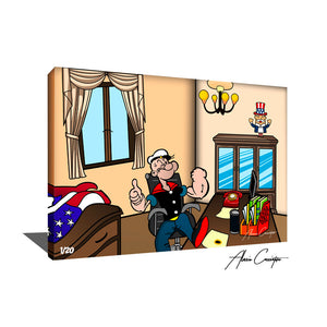 tableau popeye pop art de l'artiste Alessio Cacciatore | Tableau Capitole Popeye avec popeye musclé qui fait un sourire | Toile ou plexiglas avec oncle sam au dessus d'une armoire | Ikonick | The poplace | Inkuitive 