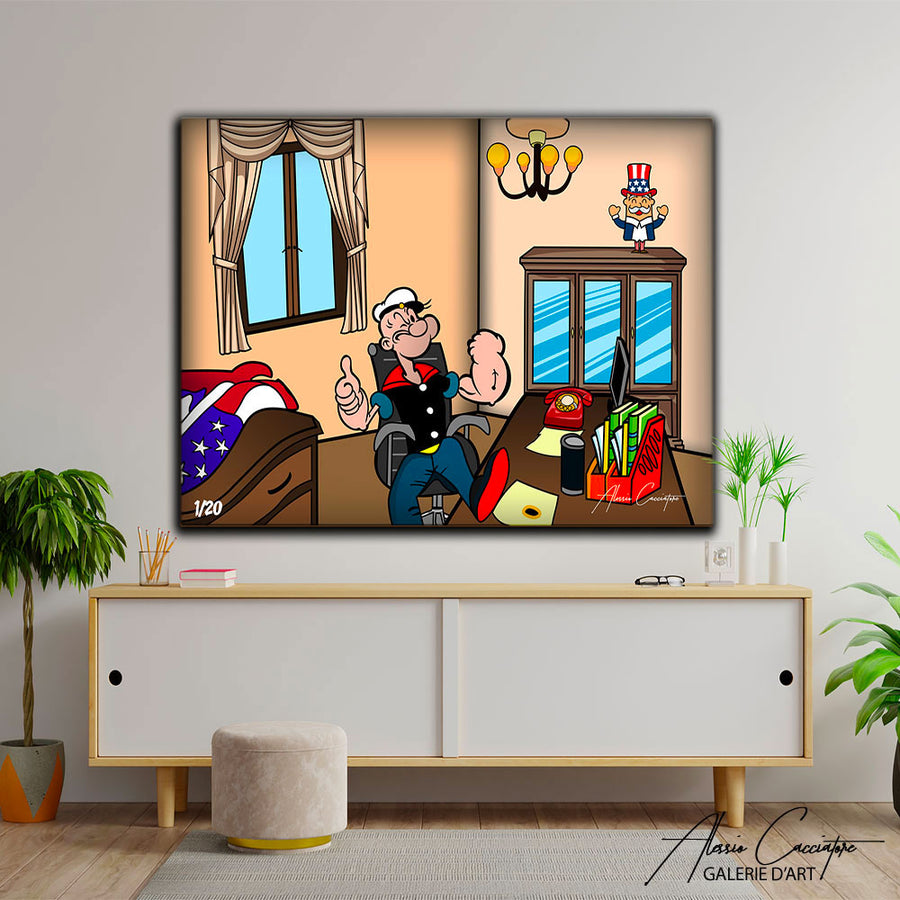 tableau popeye pop art de l'artiste Alessio Cacciatore | Tableau Capitole Popeye avec popeye musclé qui fait un sourire | Toile ou plexiglas avec oncle sam au dessus d'une armoire | Ikonick | The poplace | Inkuitive – mise en situation