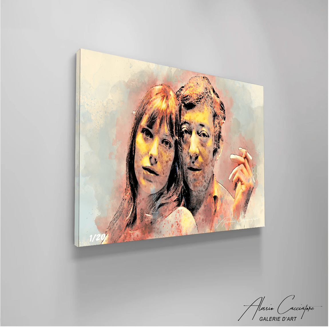 tableau alessio cacciatore avec serge gainsbourg qui est avec une cigarette à sa main gauche jane birkin est sur la photo oeuvre d'art wall art décoration murale