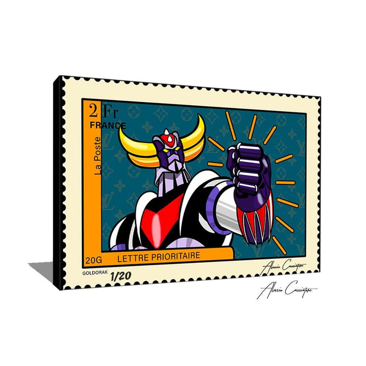 tableau goldorak toile goldorak en forme de timbre | ALessio cacciatore goldorak artwork pop art pour votre intérieur déco 