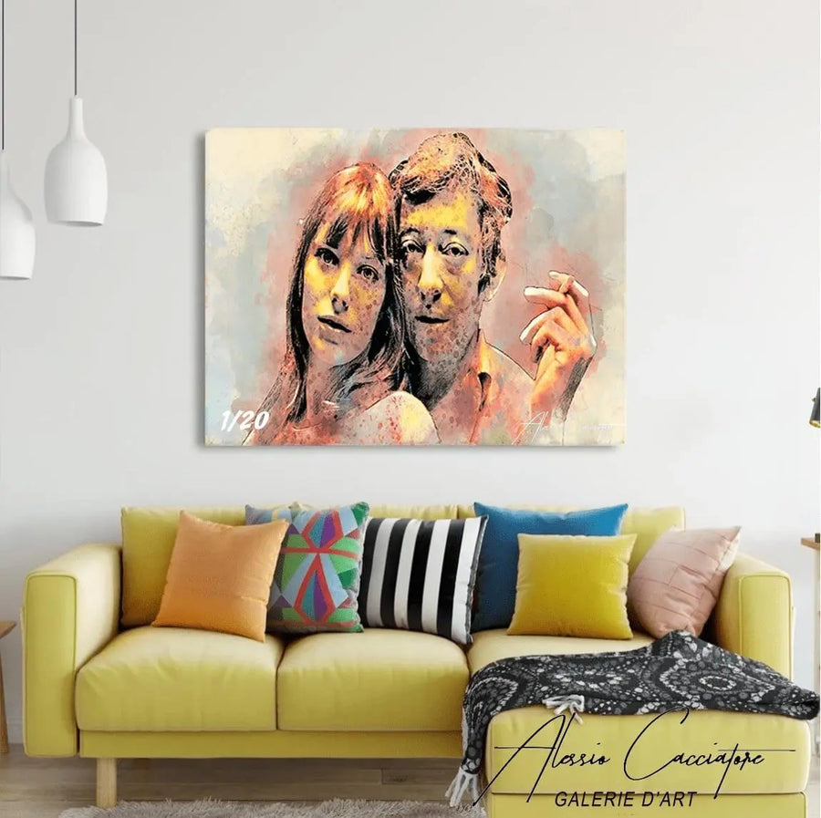 tableau alessio cacciatore avec serge gainsbourg qui est avec une cigarette à sa main gauche jane birkin est sur la photo oeuvre d'art wall art décoration murale – mise en situation