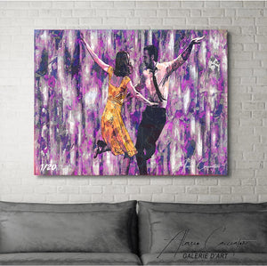 Tableau Lalaland pas cher lovely scene avec ryan gosling et Emma stone par l'artiste alessio cacciatore. 