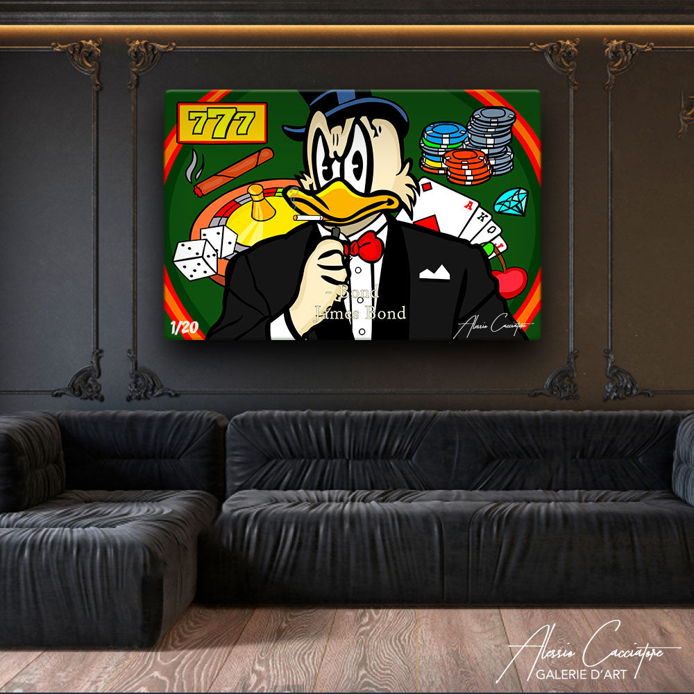 tableau picsou pop art alessio cacciatore | Picsou sur un fond de casino | James bond art | Picsou smoking | Picsou qui fume une cigarette james bond 