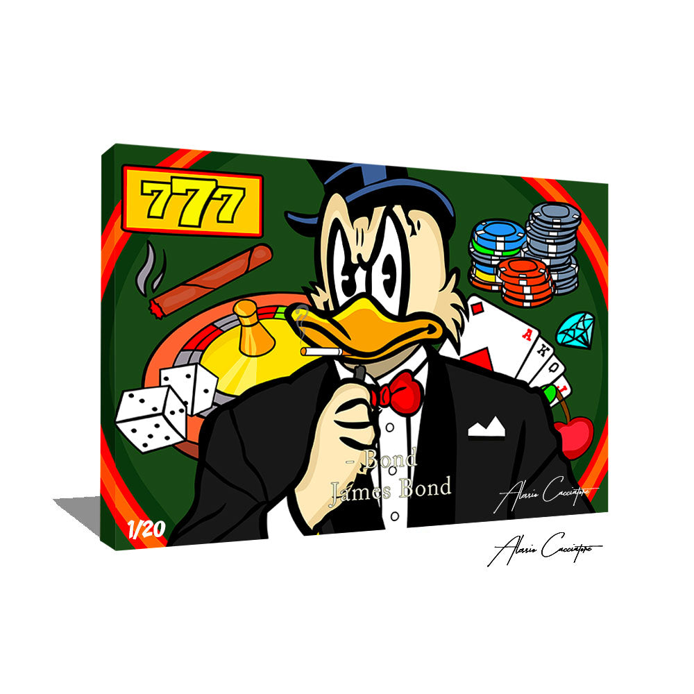 tableau picsou pop art alessio cacciatore | Picsou sur un fond de casino | James bond art | Picsou smoking | Picsou qui fume une cigarette james bond 