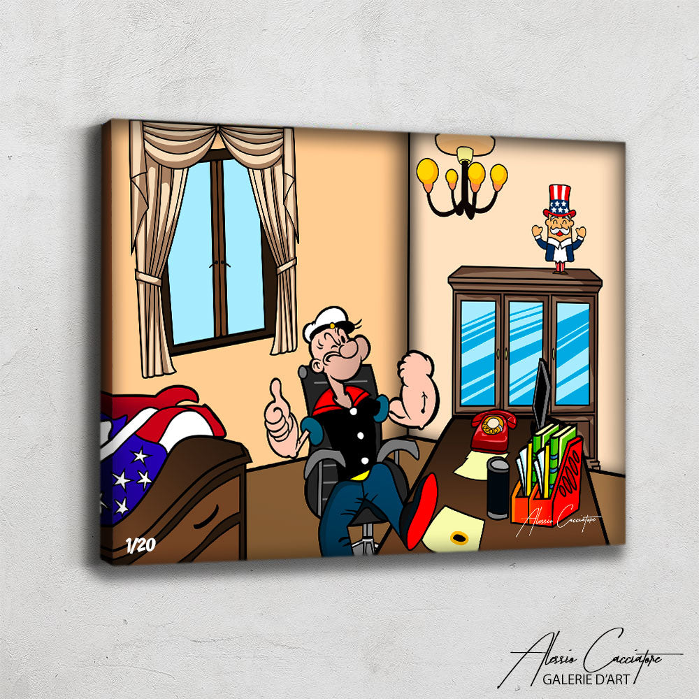 tableau popeye pop art de l'artiste Alessio Cacciatore | Tableau Capitole Popeye avec popeye musclé qui fait un sourire | Toile ou plexiglas avec oncle sam au dessus d'une armoire | Ikonick | The poplace | Inkuitive